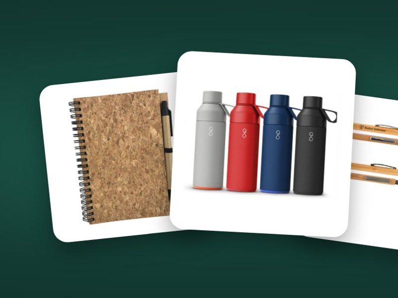 Cork notebook, recycled drink bottles and bamboo pens